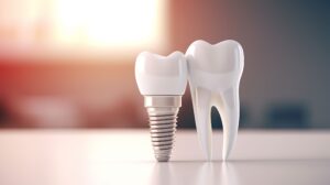 AI rendering of a dental implant next to an extracted tooth on a table in front of a glowing window