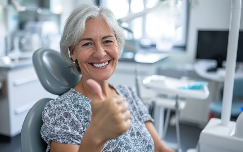 An older woman giving a thumbs up sign in a dentist's chair.